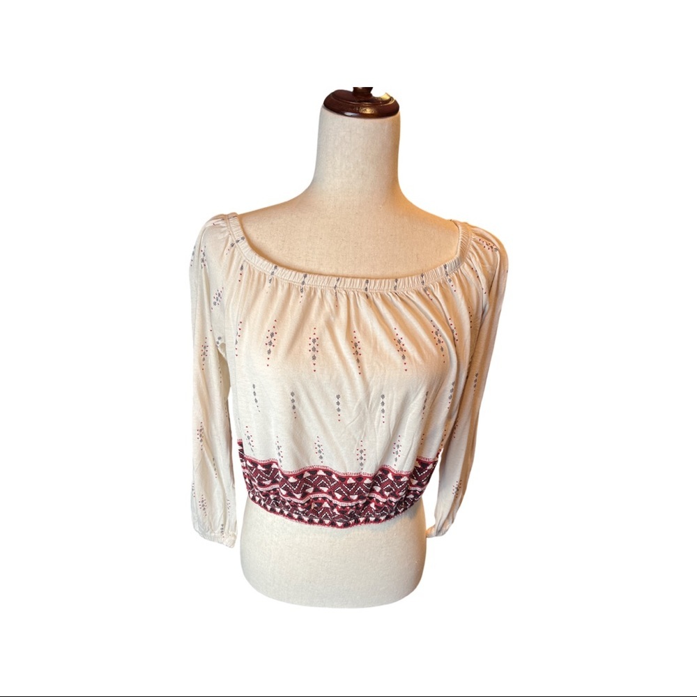 Divided by H&M Med Boho Aztec print crop top off shoulder long sleeve red/cream